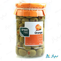 زیتون سبز با مغز پرتقال اسپانیایی شیشه ای 660 گرمی گرین فیلد