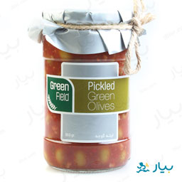 زیتون سبز با طعم لیته گوجه 680 گرمی گرین فیلد