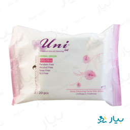 دستمال مرطوب پاک کننده آرایش پوست چرب 20 برگی یونی لد